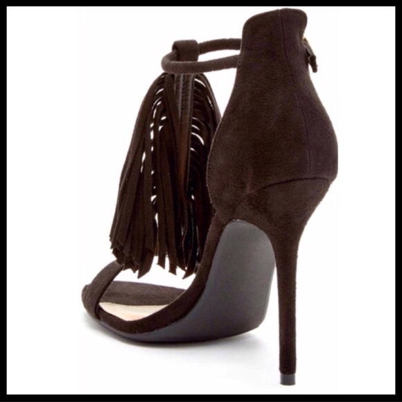 BLACK TASSEL FRINGE ANKLE STRAP HEELS SANDALS - Picture 3 of 8